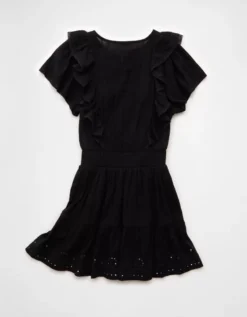 AE V-Neck Ruffle Mini Dress Black -American Eagle Fashion 1399 8886 001 b