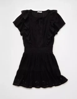 AE V-Neck Ruffle Mini Dress Black -American Eagle Fashion 1399 8886 001 f