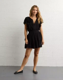 AE V-Neck Ruffle Mini Dress Black -American Eagle Fashion 1399 8886 001 os