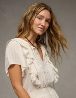 AE V-Neck Ruffle Mini Dress Cream -American Eagle Fashion 1399 8886 106 os