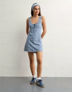 AE Tie Front Eyelet Mini Dress Chambray Blue