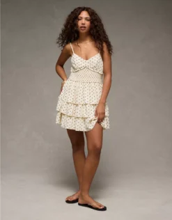 AE Tiered Polka Dot Mini Dress Cream