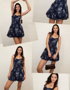 AE Corset Drop Waist Bubble Mini Dress Navy