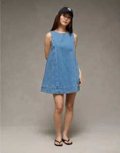 AE High Neck Denim Mini Shift Dress Medium Wash