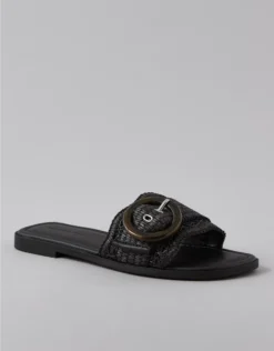 AE Raffia Buckle Slide Sandal Black