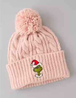 AE Embroidered Grinch Cable-Knit Beanie Dusty Pink