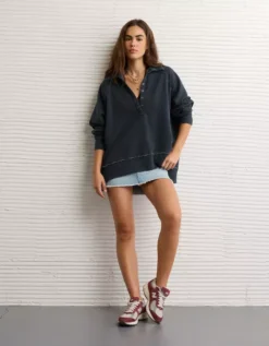 AE Big Hug Henley Sweatshirt True Black -American Eagle Fashion 1455 2633 073 os