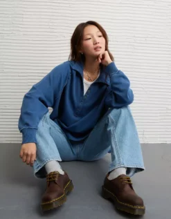 AE Big Hug Henley Sweatshirt Navy -American Eagle Fashion 1455 2633 410 os