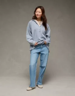 AE Big Hug Henley Sweatshirt Powder Blue -American Eagle Fashion 1455 2633 465 os