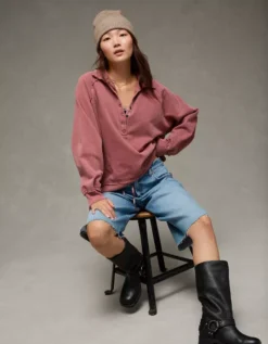 AE Big Hug Henley Sweatshirt Earthen -American Eagle Fashion 1455 2633 694 os