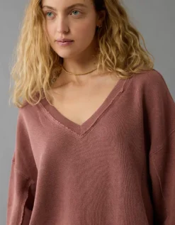 AE Saltwash Double V-Neck Sweatshirt Rust -American Eagle Fashion 1455 2673 211 d2