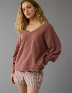 AE Saltwash Double V-Neck Sweatshirt Rust -American Eagle Fashion 1455 2673 211 os