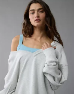 AE Saltwash Double V-Neck Sweatshirt Light Heather Gray -American Eagle Fashion 1455 2674 092 os