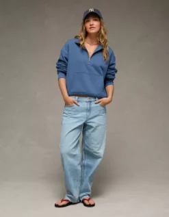 AE Everyday Luxe Quarter Zip Sweatshirt Navy -American Eagle Fashion 1456 2819 410 os