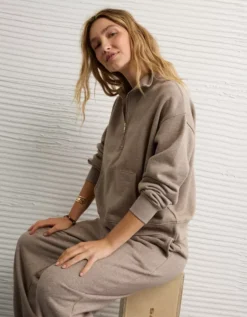 AE Everyday Luxe Quarter Zip Sweatshirt Coffee -American Eagle Fashion 1456 2821 227 d2