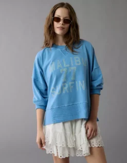 AE Big Hug Destination Graphic Crew Neck Sweatshirt Blue -American Eagle Fashion 1457 2561 400 os