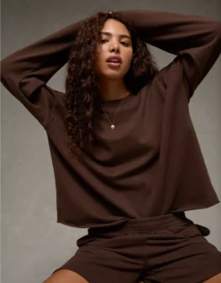 AE Everyday Luxe Cropped Cut-Off Sweatshirt Dark Brown