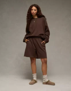 AE Everyday Luxe Cropped Cut-Off Sweatshirt Dark Brown -American Eagle Fashion 1457 2684 203 os