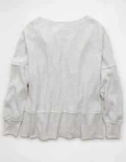 AE Big Hug Off-The-Shoulder Waffle Sweatshirt Light Heather Gray -American Eagle Fashion 1457 2697 092 b