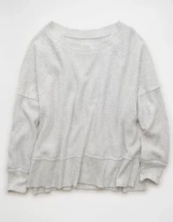 AE Big Hug Off-The-Shoulder Waffle Sweatshirt Light Heather Gray -American Eagle Fashion 1457 2697 092 f