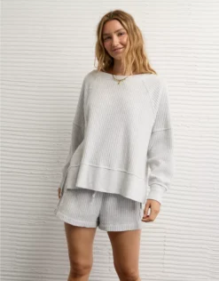 AE Big Hug Off-The-Shoulder Waffle Sweatshirt Light Heather Gray
