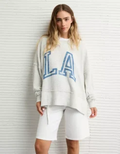 AE Big Hug Crew Neck Waffle Sweatshirt Light Heather Gray -American Eagle Fashion 1457 2797 092 d2