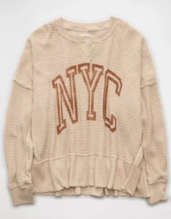 AE Big Hug Crew Neck Waffle Sweatshirt Oatmeal Heather -American Eagle Fashion 1457 2797 864 f