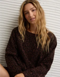 AE Big Hug Off-The-Shoulder Waffle Sweatshirt Dark Brown