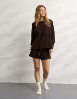 AE Big Hug Off-The-Shoulder Waffle Sweatshirt Dark Brown -American Eagle Fashion 1457 2895 203 os