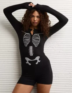 AE Skeleton Luxe Plush PJ Romper Black -American Eagle Fashion 1472 1245 001 os
