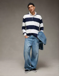 AE Long Sleeve Boxy Rugby Polo Shirt Dark Blue -American Eagle Fashion 1511 4592 451 os