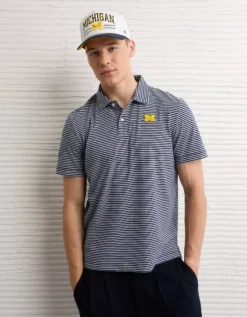 AE 24/7 Michigan Wolverines Graphic Club Polo Shirt Ice Blue -American Eagle Fashion 1511 4724 404 os