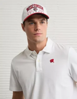 AE 24/7 Wisconsin Badgers Graphic Club Polo Shirt White -American Eagle Fashion 1511 4737 100 os