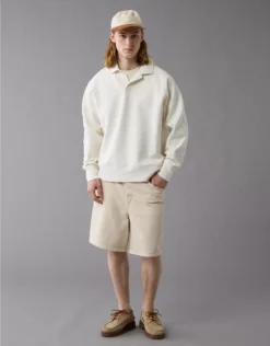 AE 24/7 Long-Sleeve Rugby Polo Sweatshirt Raw White