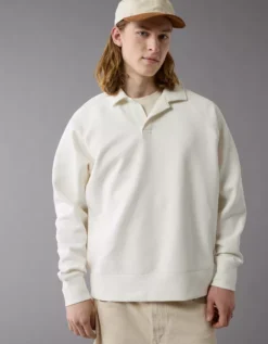 AE 24/7 Long-Sleeve Rugby Polo Sweatshirt Raw White -American Eagle Fashion 1516 2634 115 os