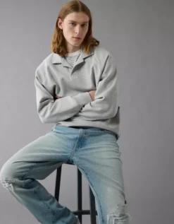 AE 24/7 Long-Sleeve Rugby Polo Sweatshirt Grey -American Eagle Fashion 1516 2635 050 d2
