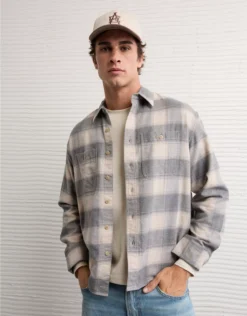 AE Relaxed Fit Everyday Flannel Shirt Charcoal