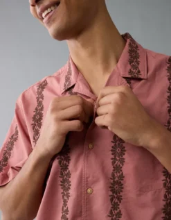AE Poolside Linen-Blend Printed Button-Up Shirt Mauve -American Eagle Fashion 2154 2755 182 d2