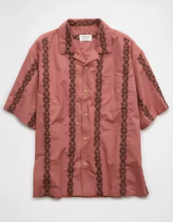 AE Poolside Linen-Blend Printed Button-Up Shirt Mauve -American Eagle Fashion 2154 2755 182 f