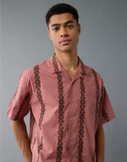 AE Poolside Linen-Blend Printed Button-Up Shirt Mauve