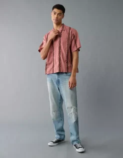 AE Poolside Linen-Blend Printed Button-Up Shirt Mauve -American Eagle Fashion 2154 2755 182 os