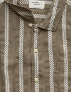 AE Poolside Striped Button-Up Shirt Olive -American Eagle Fashion 2154 2768 309 d3