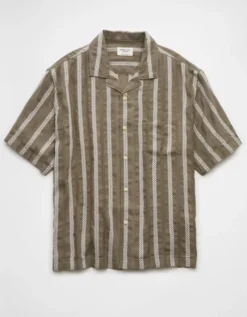 AE Poolside Striped Button-Up Shirt Olive -American Eagle Fashion 2154 2768 309 f