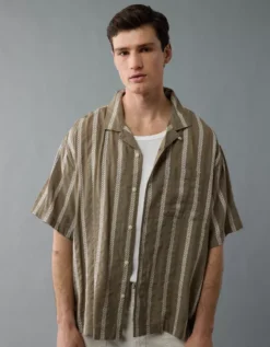 AE Poolside Striped Button-Up Shirt Olive -American Eagle Fashion 2154 2768 309 os