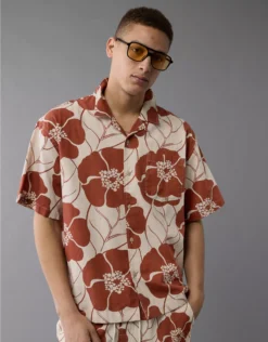 AE Poolside Floral Button-Up Shirt Rust