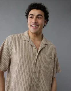 AE Poolside Striped Button-Up Shirt Dune Khaki -American Eagle Fashion 2154 2847 204 d2