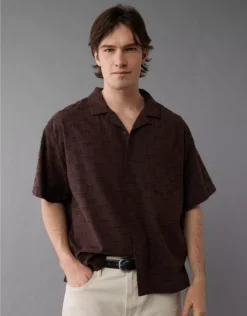 AE Poolside Textured Checkerboard Button-Up Shirt Olive