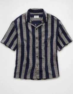 AE Poolside Textured Striped Button-Up Shirt Navy -American Eagle Fashion 2154 2854 410 f