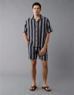 AE Poolside Textured Striped Button-Up Shirt Navy
