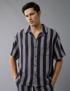 AE Poolside Textured Striped Button-Up Shirt Navy -American Eagle Fashion 2154 2854 410 os